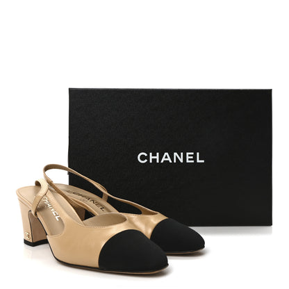 Chanel Goatskin Grosgrain Cap Toe CC Slingback Pumps 37 Beige Black 9 of 9
