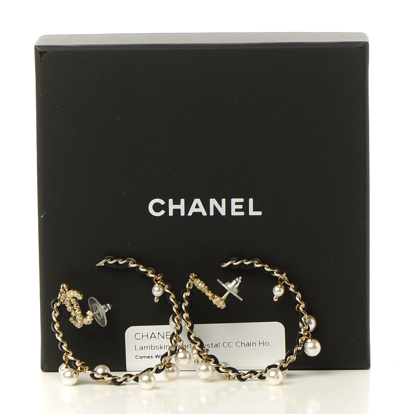 Lambskin Pearl Crystal CC Chain Hoop Earrings Gold Black