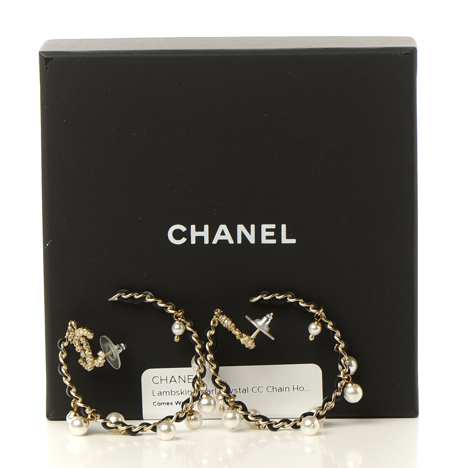 Chanel Lambskin Pearl Crystal CC Chain Hoop Earrings Gold Black 5 of 8