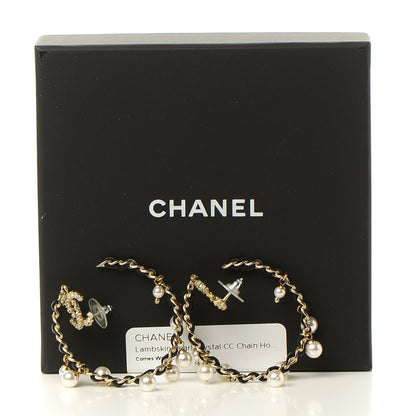 Chanel Lambskin Pearl Crystal CC Chain Hoop Earrings Gold Black 5 of 8