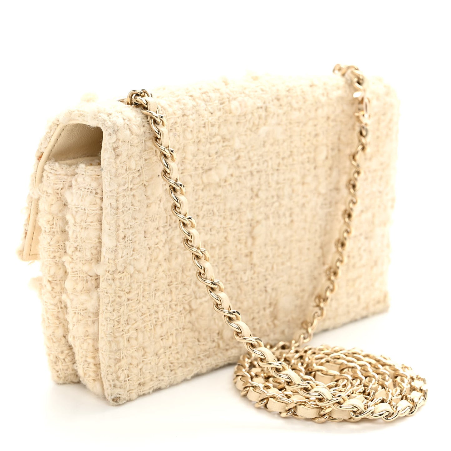 Tweed Flower Embroidered Flap Bag Ecru White