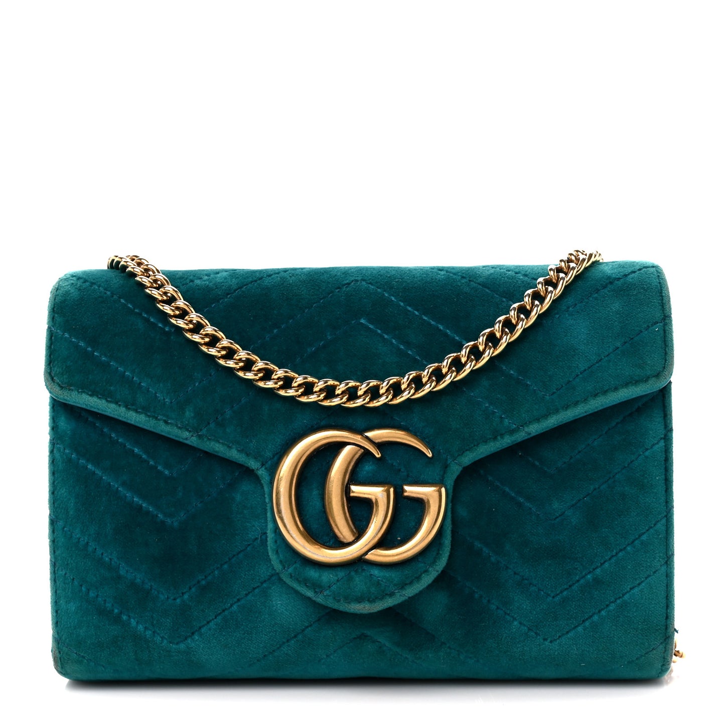 Velvet Matelasse GG Marmont Chain Wallet Pavone Cyan