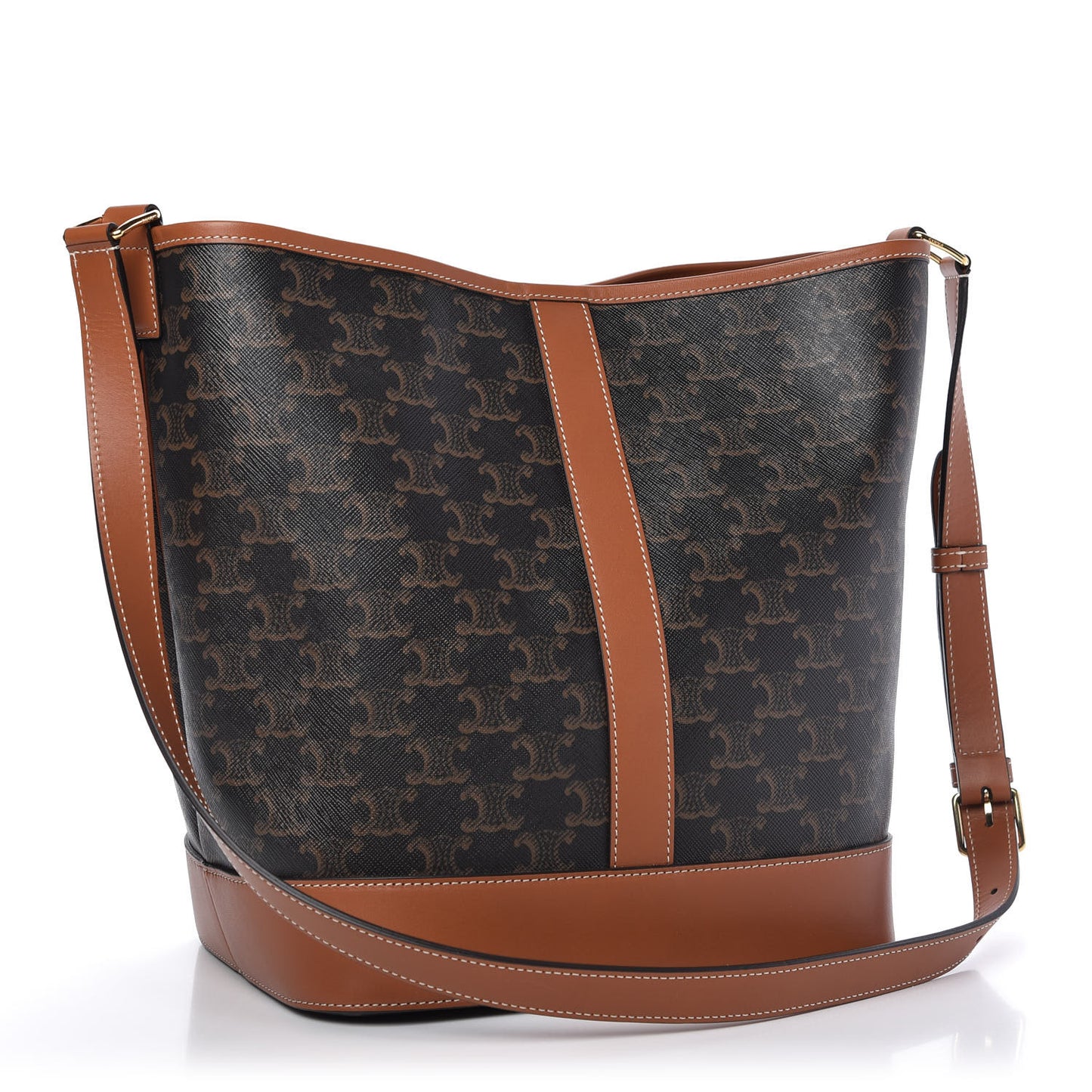 Triomphe Canvas Calfskin Medium Bucket Bag Tan