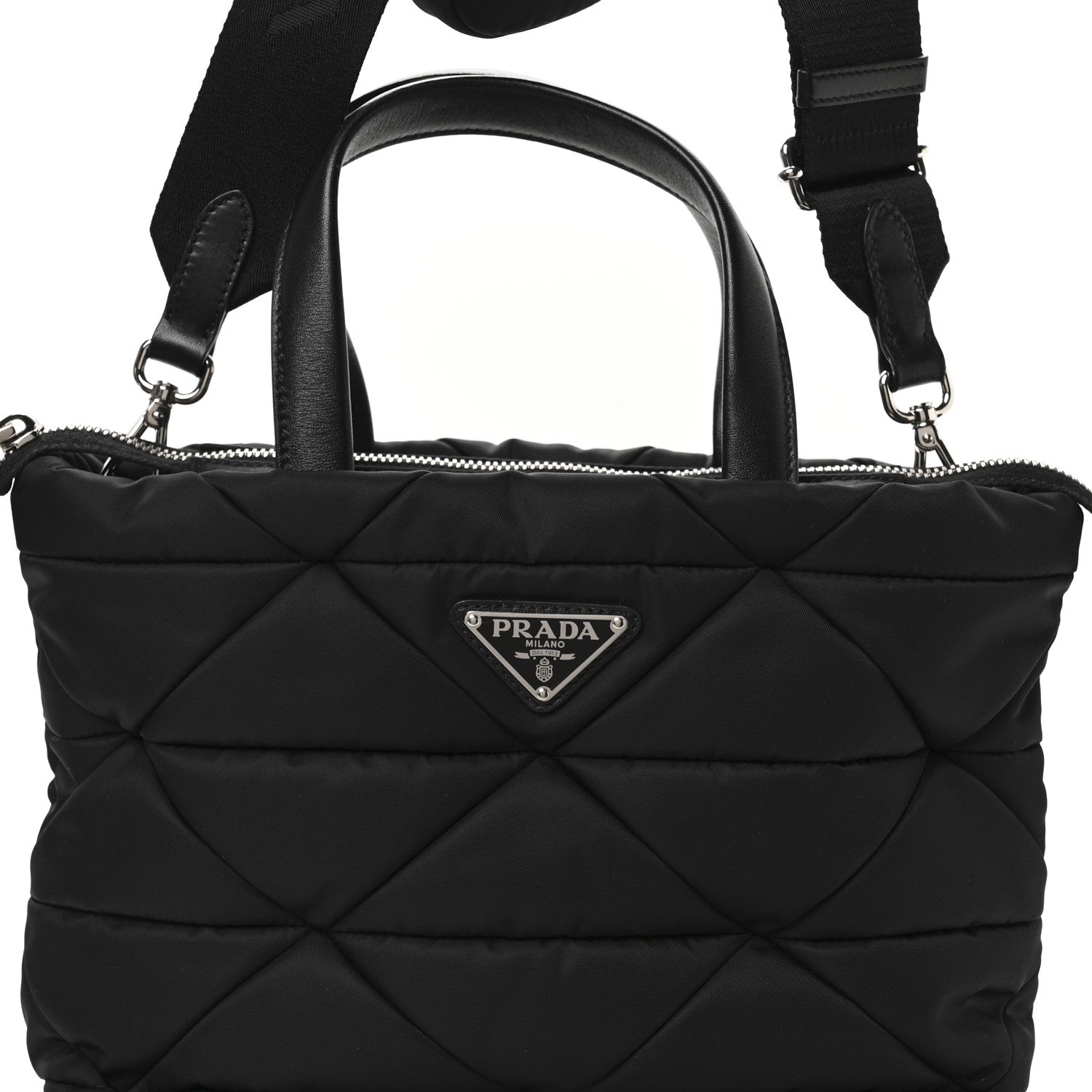 Prada Re-Nylon Nappa Triangle Quilted Padded Double Handled Zip Pocket Tote Black 10 of 13