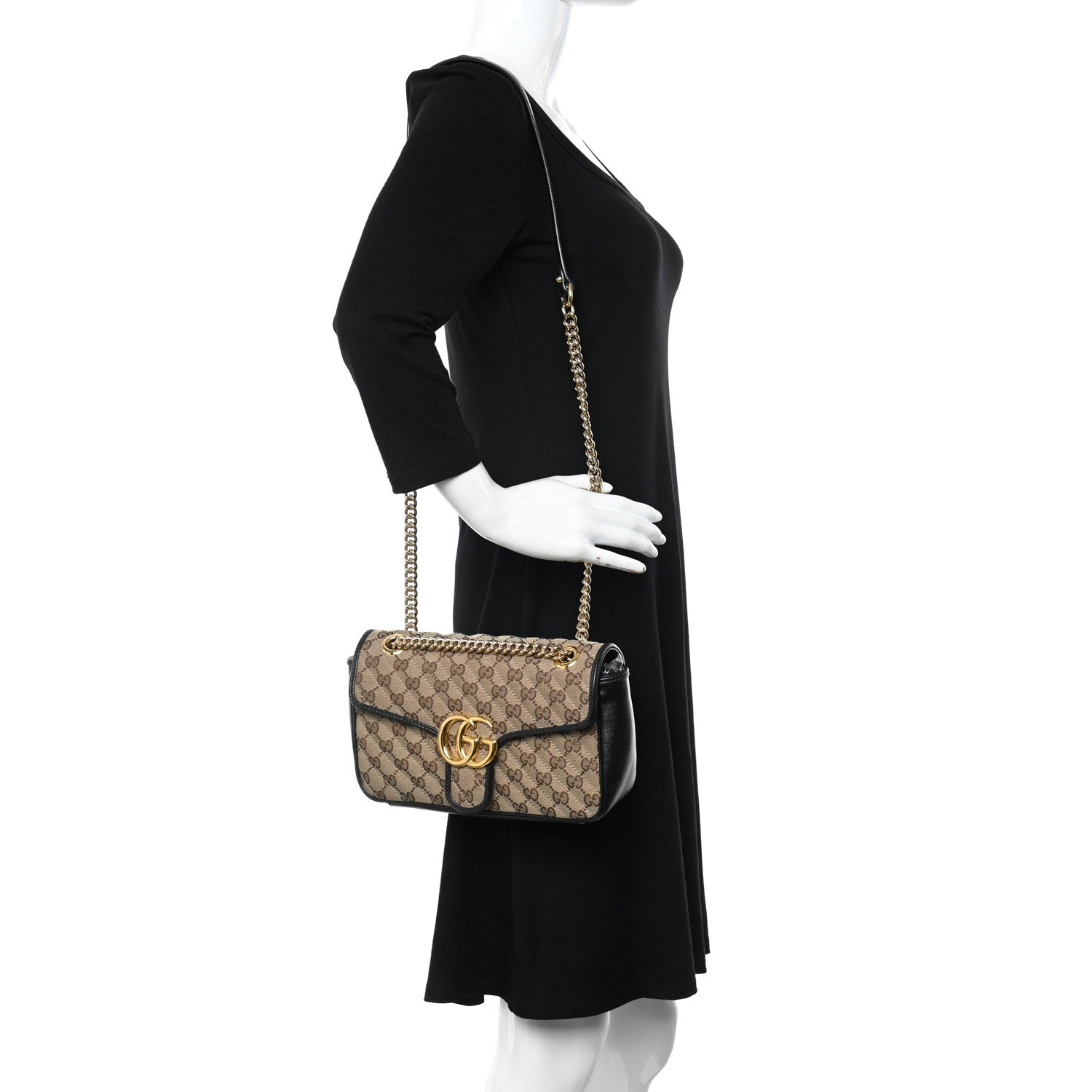 Gucci Monogram Matelasse Diagonal Small GG Marmont Shoulder Bag Beige Black 2 of 12