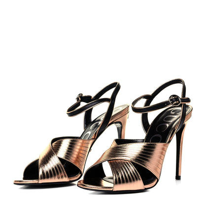 Gucci Malaga Kid Webby Crossover High Heel Sandals 39 Champagne 3 of 7