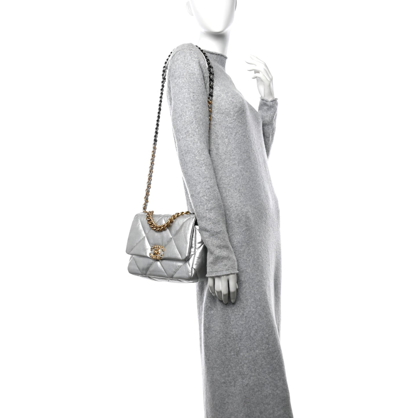 Metallic Lambskin Quilted Medium Chanel 19 Flap Silver