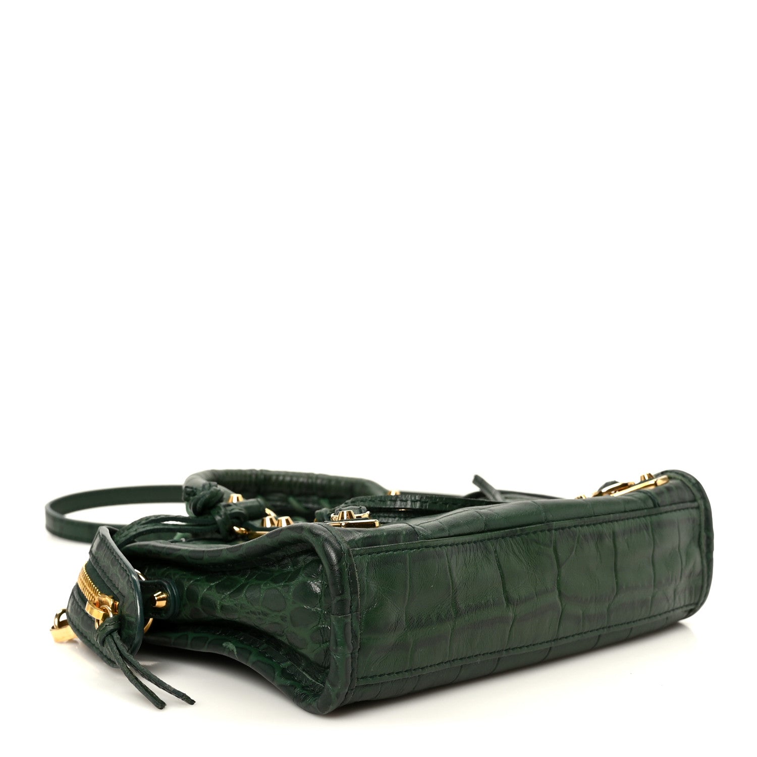 Balenciaga Shiny Supple Calfskin Crocodile Embossed Gold Metallic Edge Hardware Nano City Green 5 of 12