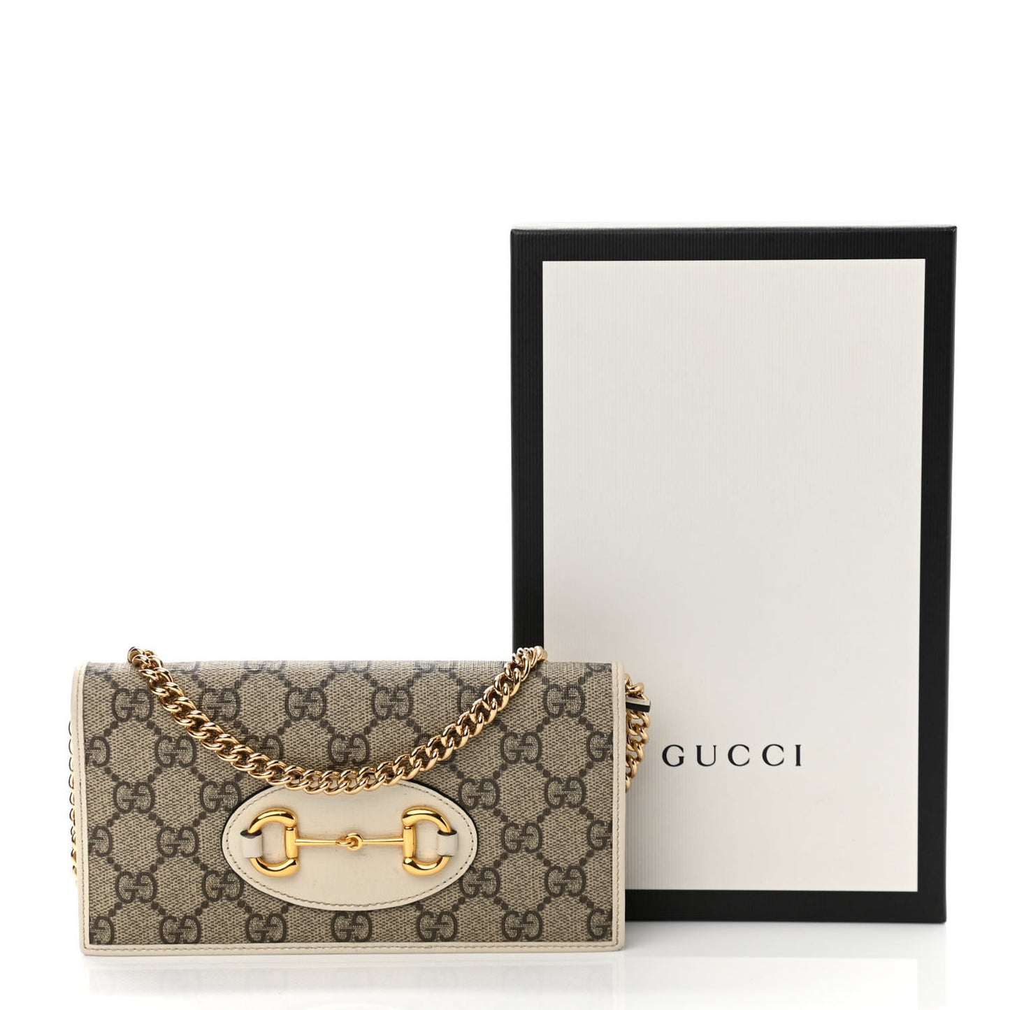 GG Supreme Monogram Azalea Calfskin Horsebit 1955 Wallet On Chain Beige Ebony Mystic White