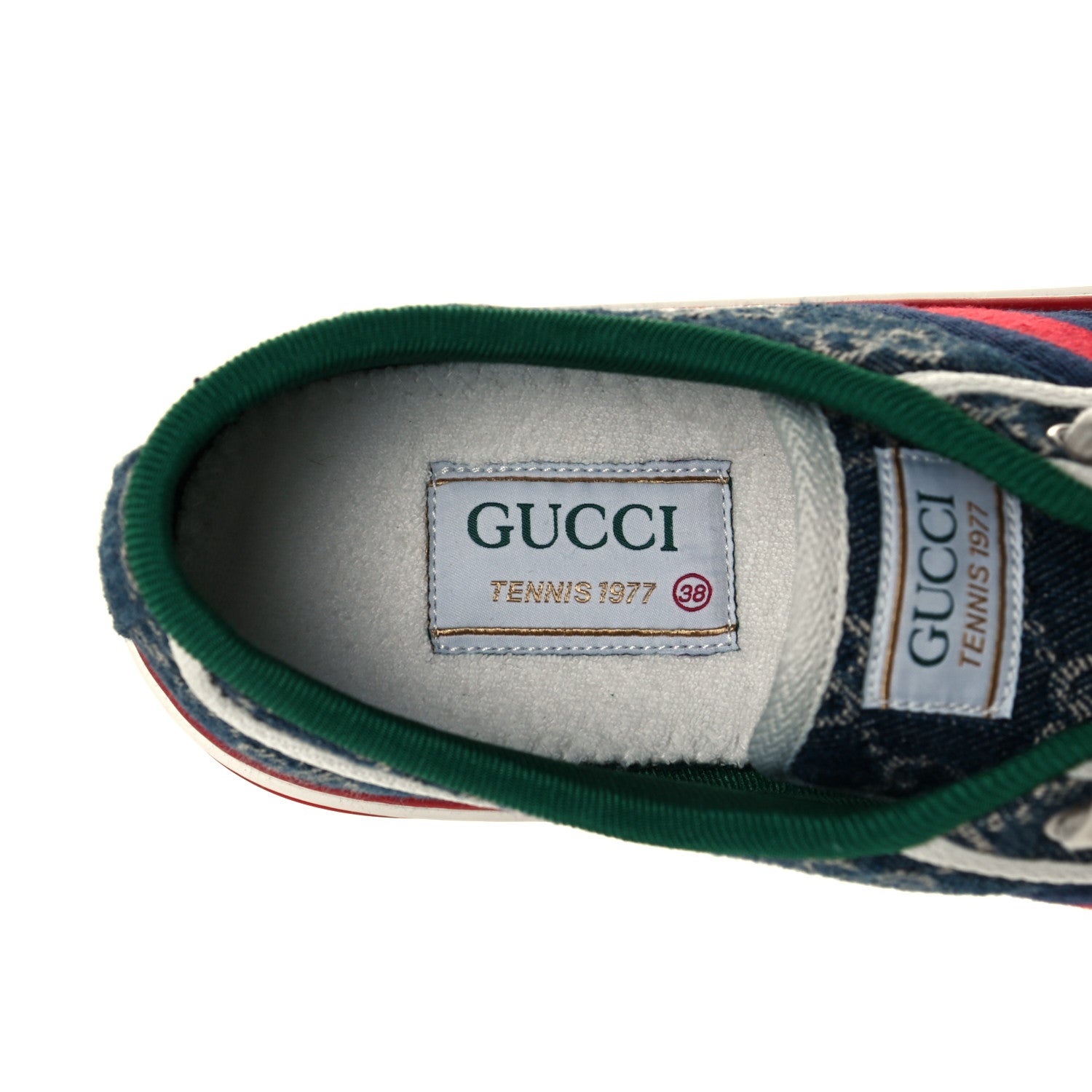 Gucci New Denim GG Monogram Web Womens 1977 Tennis Sneakers 38 Blue Tea Mystic White 9 of 9