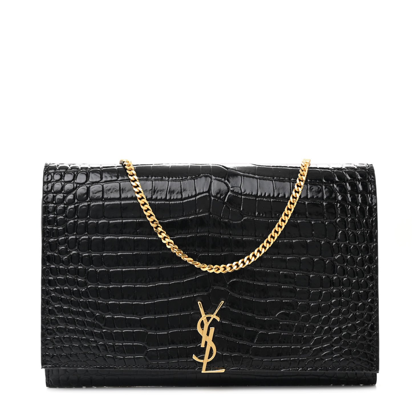 Calfskin Crocodile Embossed Monogram Chain Wallet Black