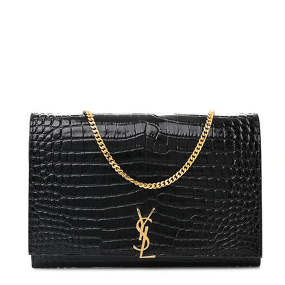 Saint Laurent Calfskin Crocodile Embossed Monogram Chain Wallet Black 1 of 12