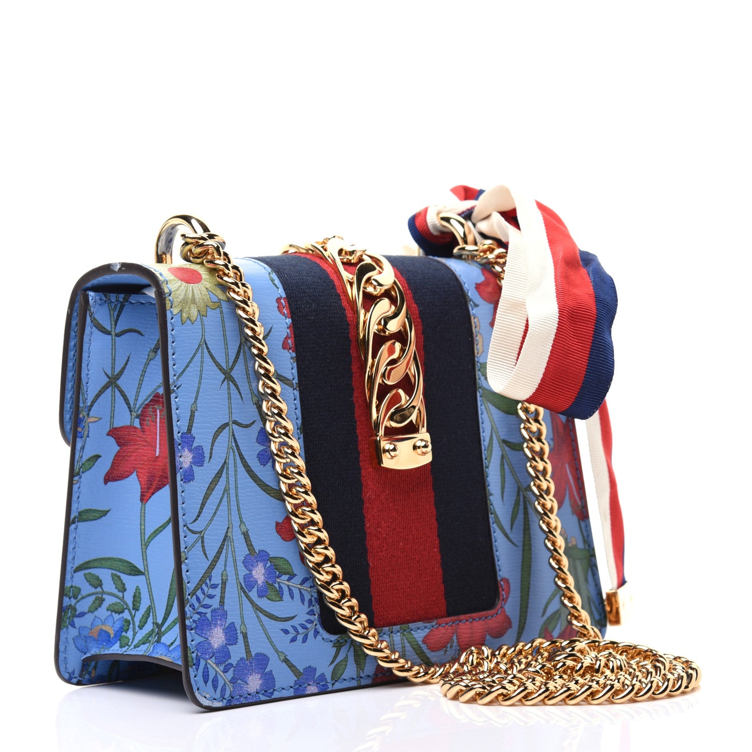 Gucci Shangai Calfskin Web New Flora Mini Sylvie Chain Shoulder Bag Azure 3 of 14