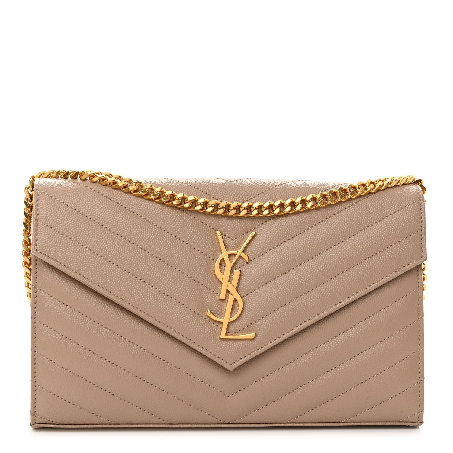 Saint Laurent Grain De Poudre Matelasse Chevron Monogram Chain Wallet Dark Beige 1 of 9
