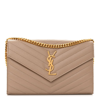 Saint Laurent Grain De Poudre Matelasse Chevron Monogram Chain Wallet Dark Beige 1 of 9
