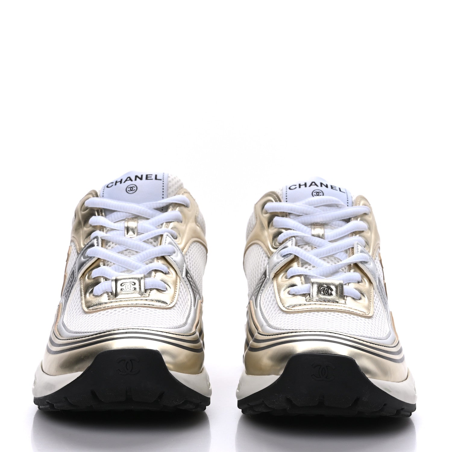 Chanel Fabric Laminated Calfskin Stretch CC Sneakers 39 White Gold Silver 2 of 9