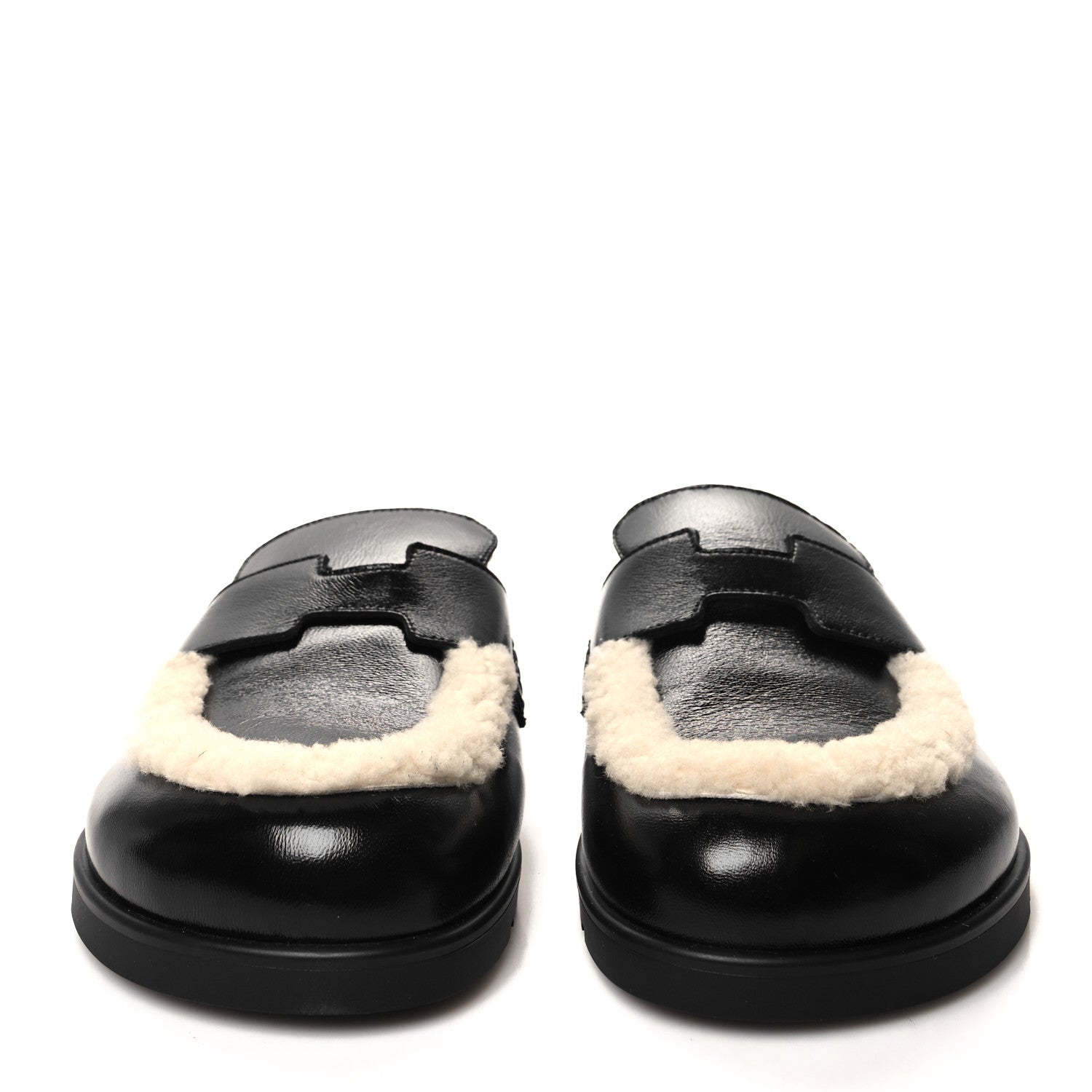 Hermes Glazed Nappa Shearling Shearling Go Mules 37 Black Ecru 2 of 9