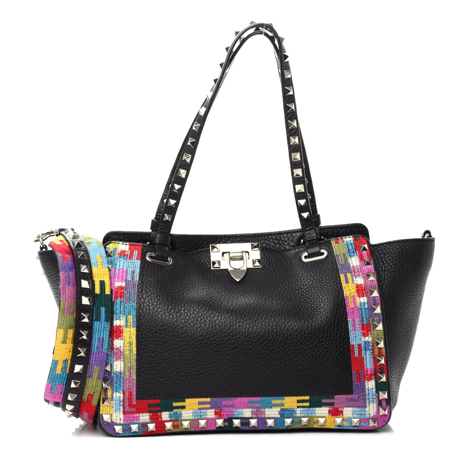 Valentino Garavani Grained Calfskin Embroidered Small Rockstud Rolling Tote Black 1 of 11