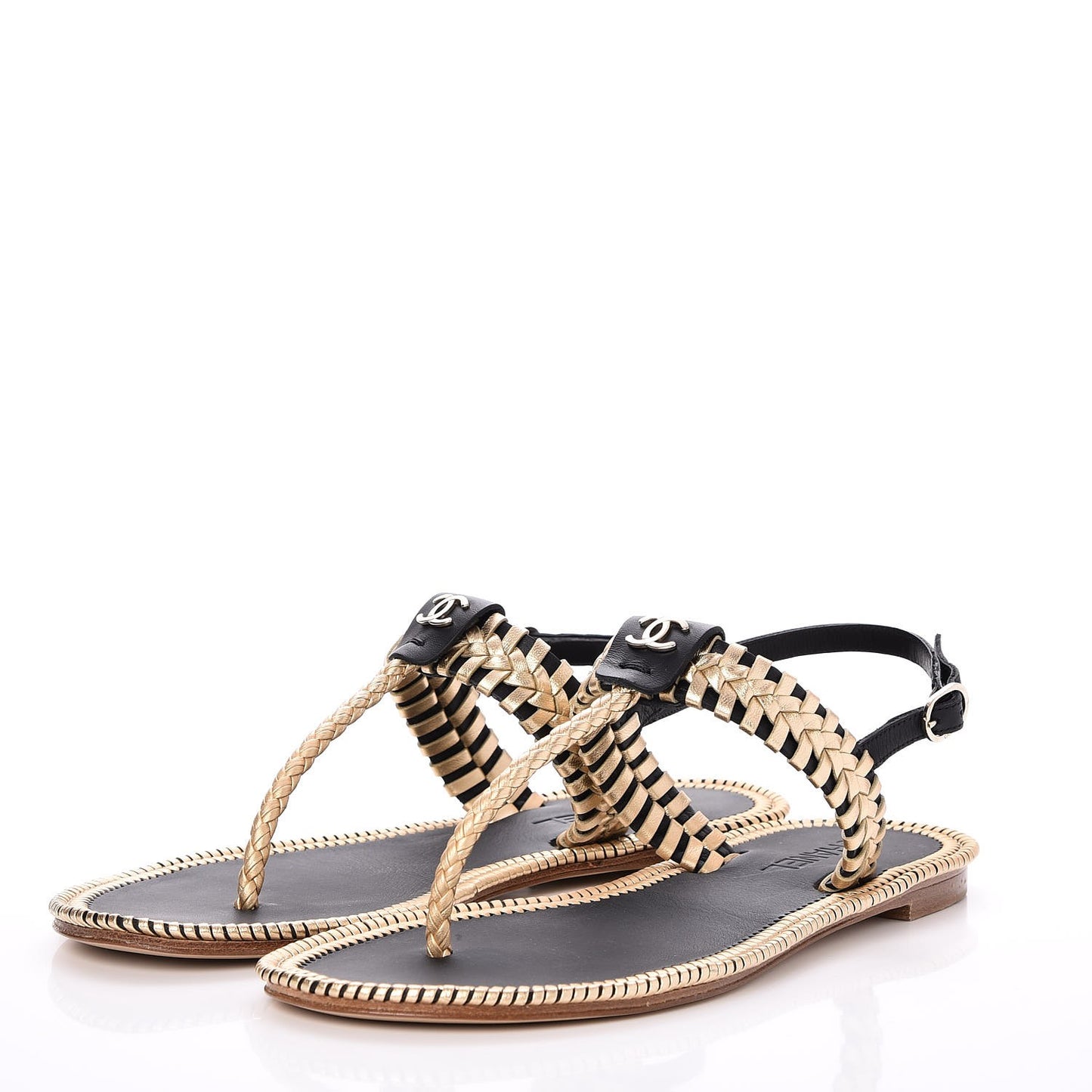 Metallic Lambskin Calfskin Braided Thong Sandals 40.5 Black Gold