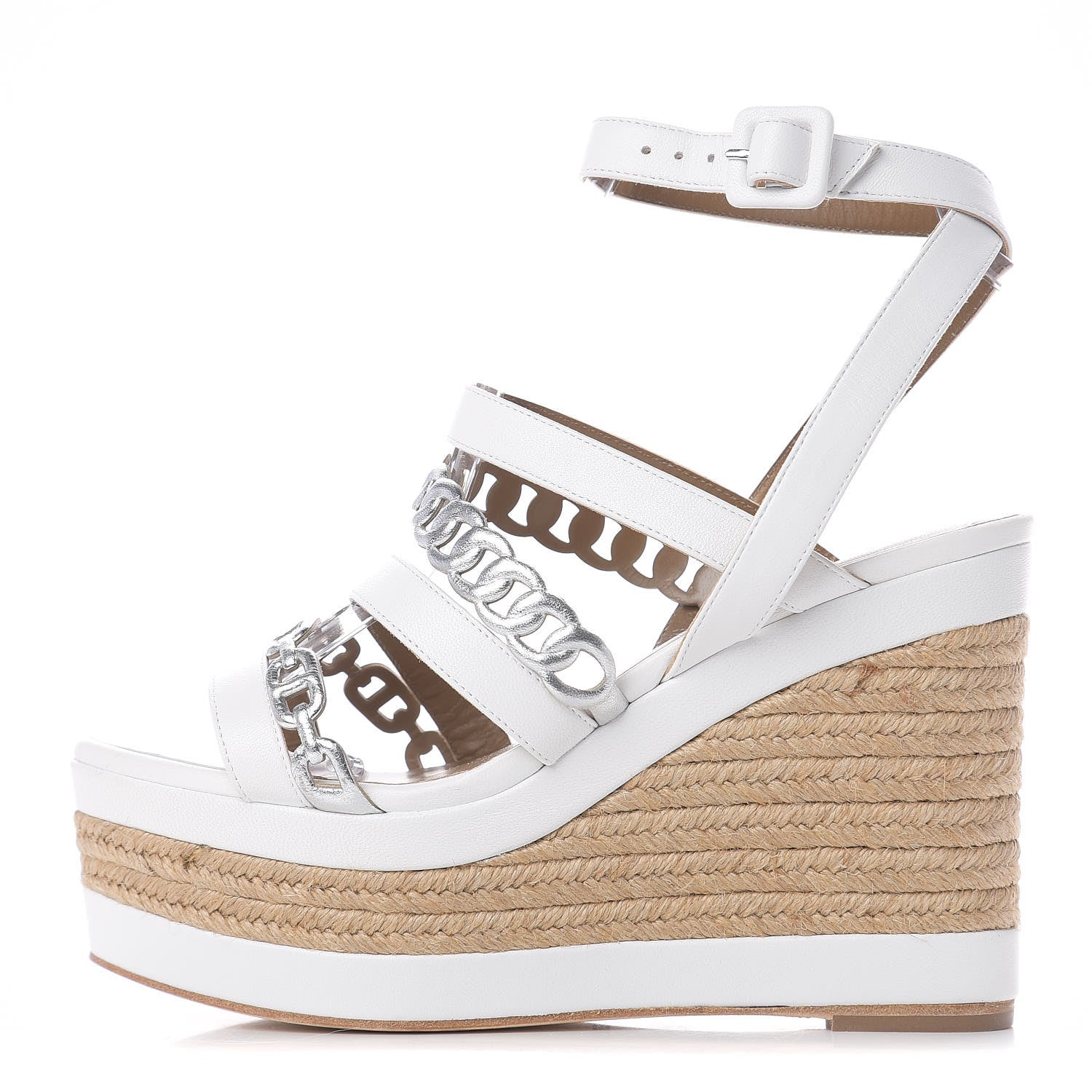 Hermes Metallic Nappa Amarres Espadrille Wedge 37 White Gris Argente 1 of 9