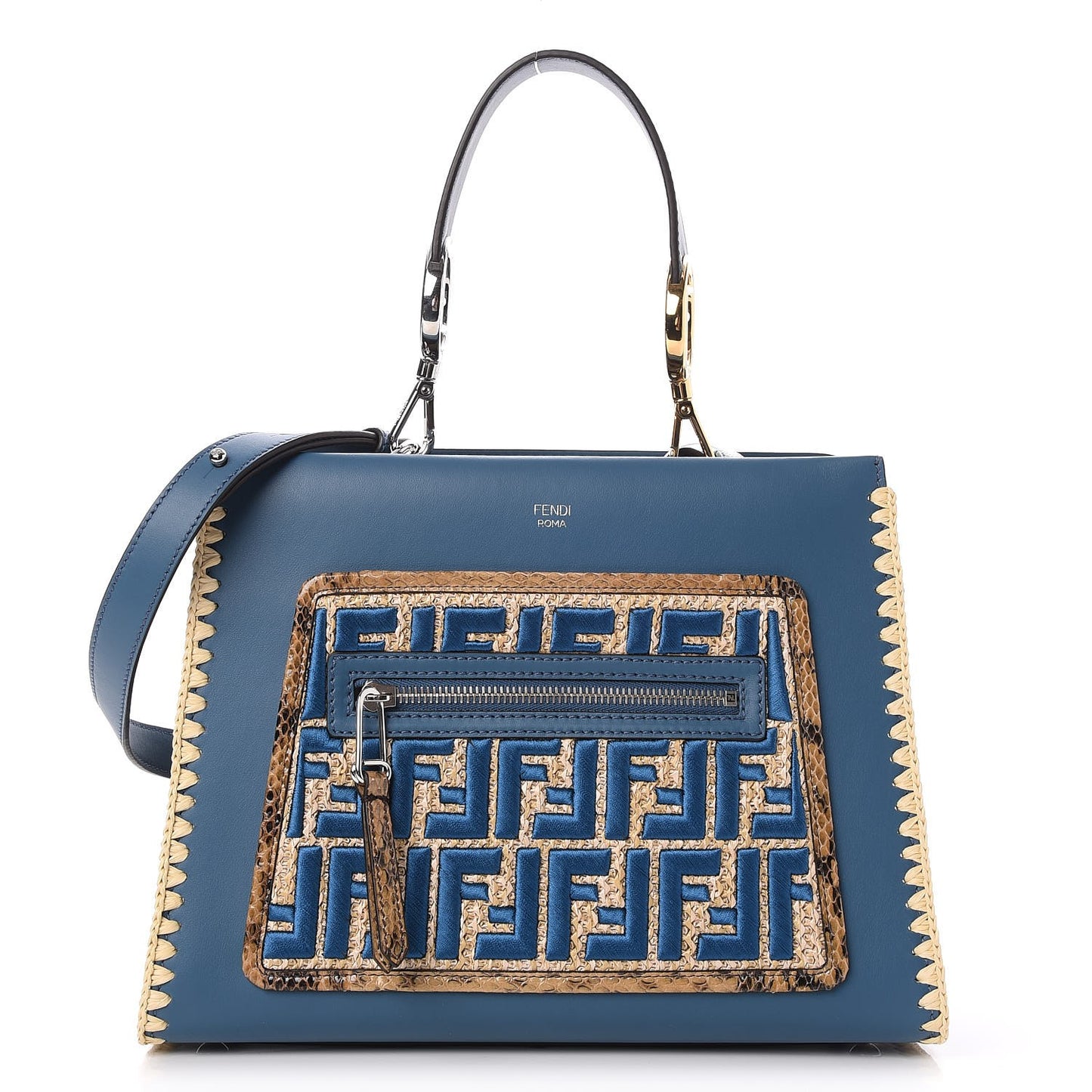 Vitello Century Raffia Elaphe F is Fendi FF Woven Embroidered Small Runaway Satchel Blue