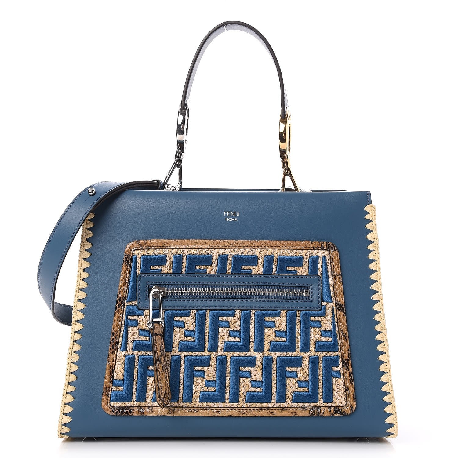 Fendi Vitello Century Raffia Elaphe F is Fendi FF Woven Embroidered Small Runaway Satchel Blue 1 of 8