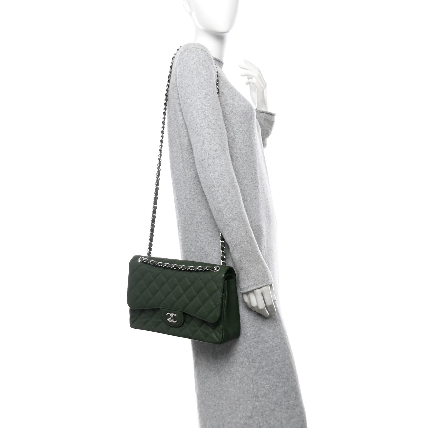 Chanel Caviar Quilted Jumbo Double Flap Green 2 of 13