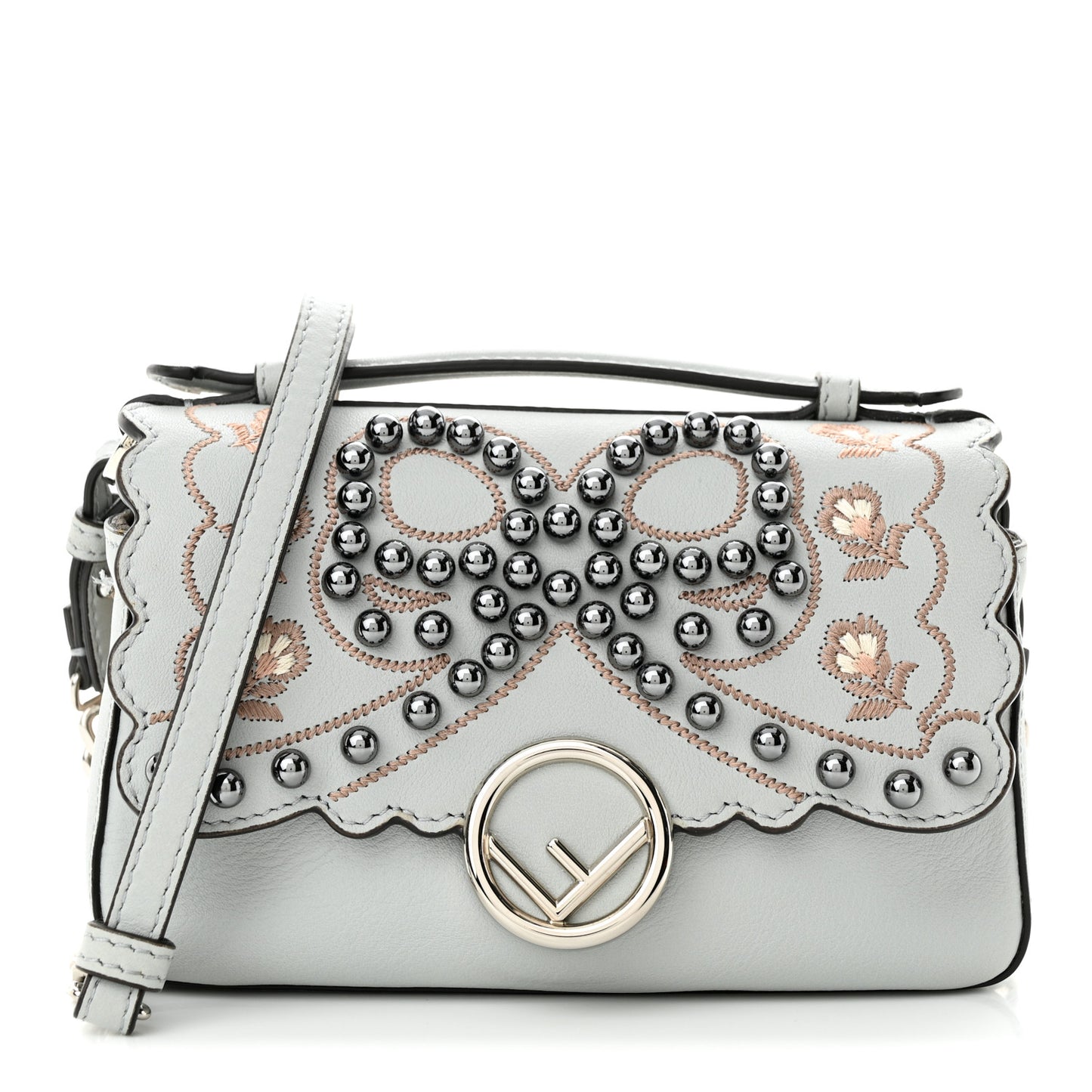 Vitello Dolce F is Fendi Flowers and Bows Scalloped Micro Double Baguette Grigio Perla Camelia