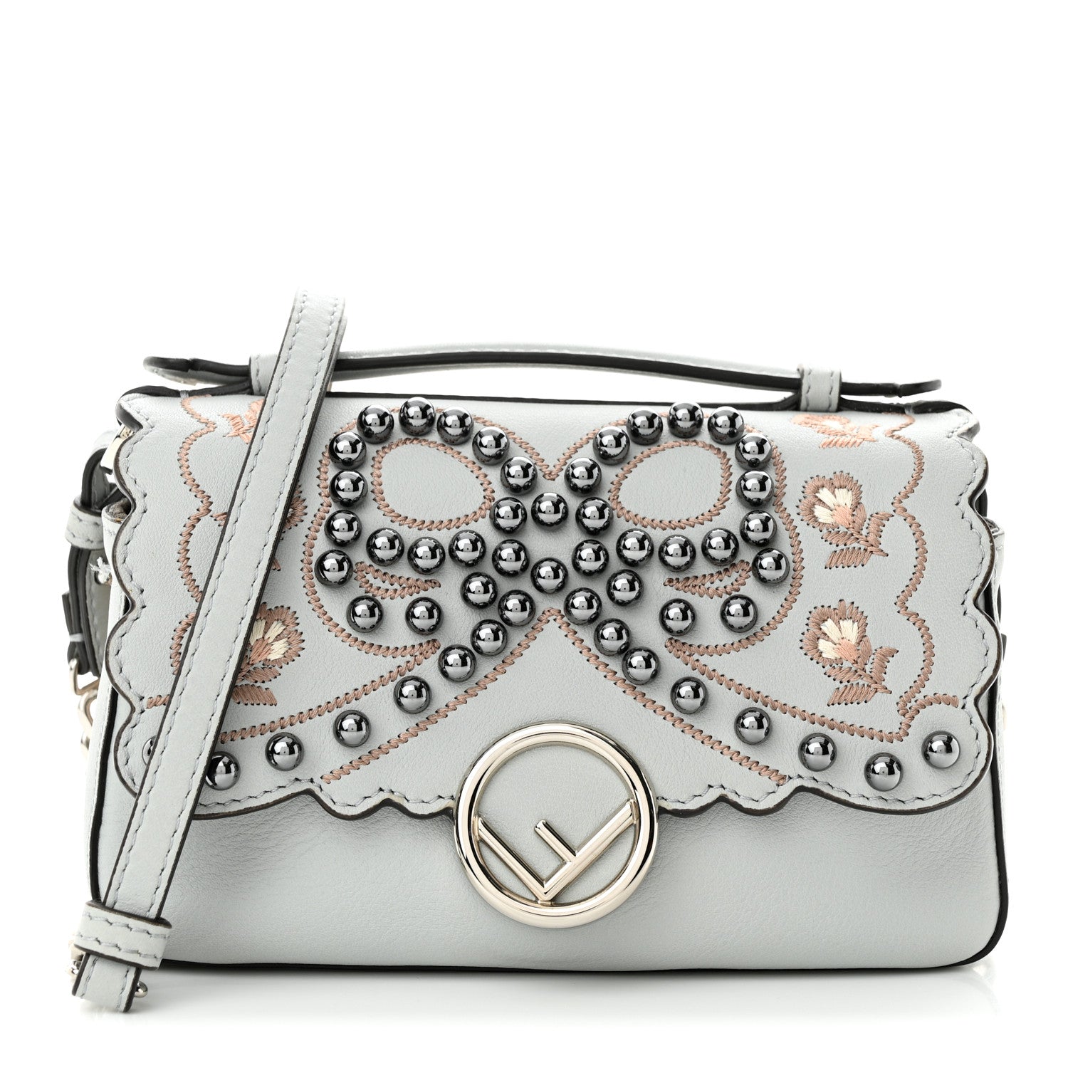 Fendi Vitello Dolce F is Fendi Flowers and Bows Scalloped Micro Double Baguette Grigio Perla Camelia 1 of 11