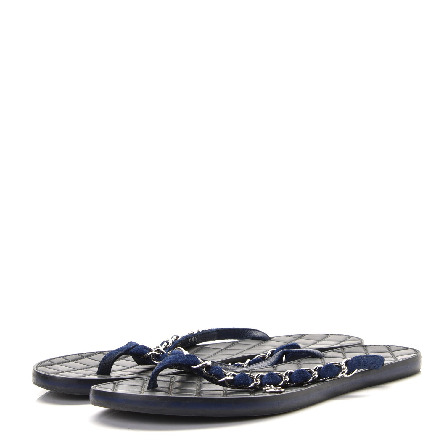 Chanel Suede Calfskin Quilted Chain Thong Sandals 38.5 Navy Blue 2 of 9