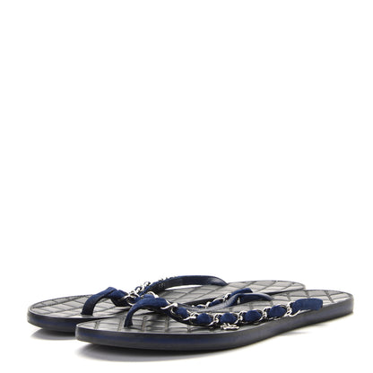 Chanel Suede Calfskin Quilted Chain Thong Sandals 38.5 Navy Blue 2 of 9