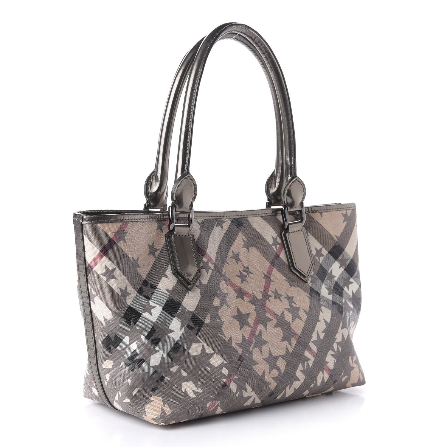 Burberry Patent Supernova Check Stars Medium Nickie Landscape Tote Pewter 3 of 11