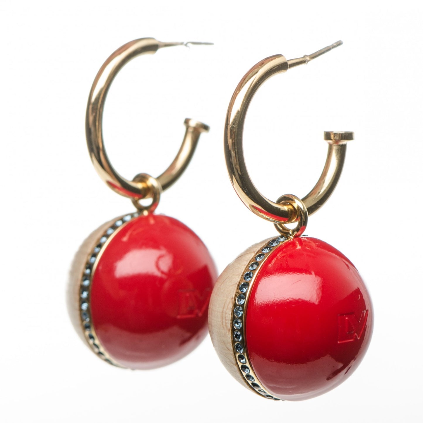 Gold Wood Enamel Hoop Drop Earrings Red