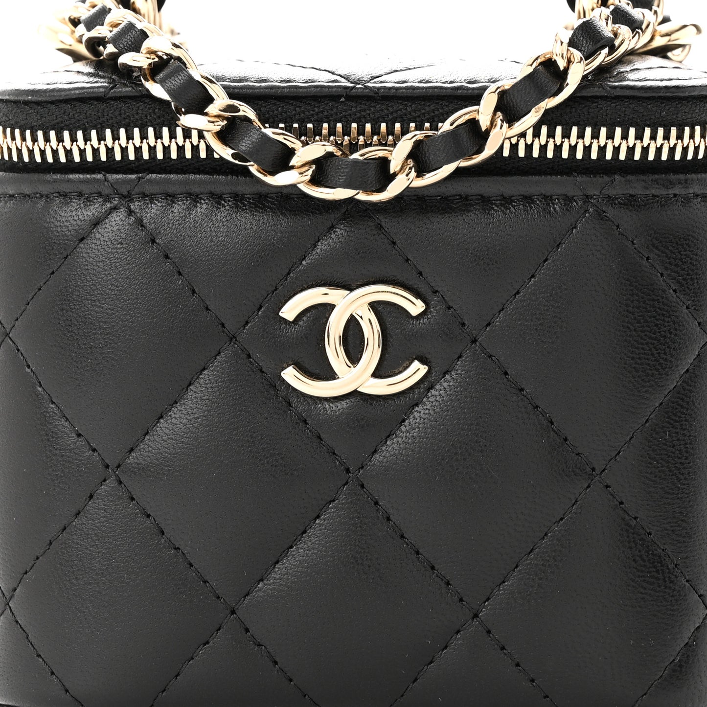 Lambskin Quilted Top Handle Mini Vanity Case With Chain Black