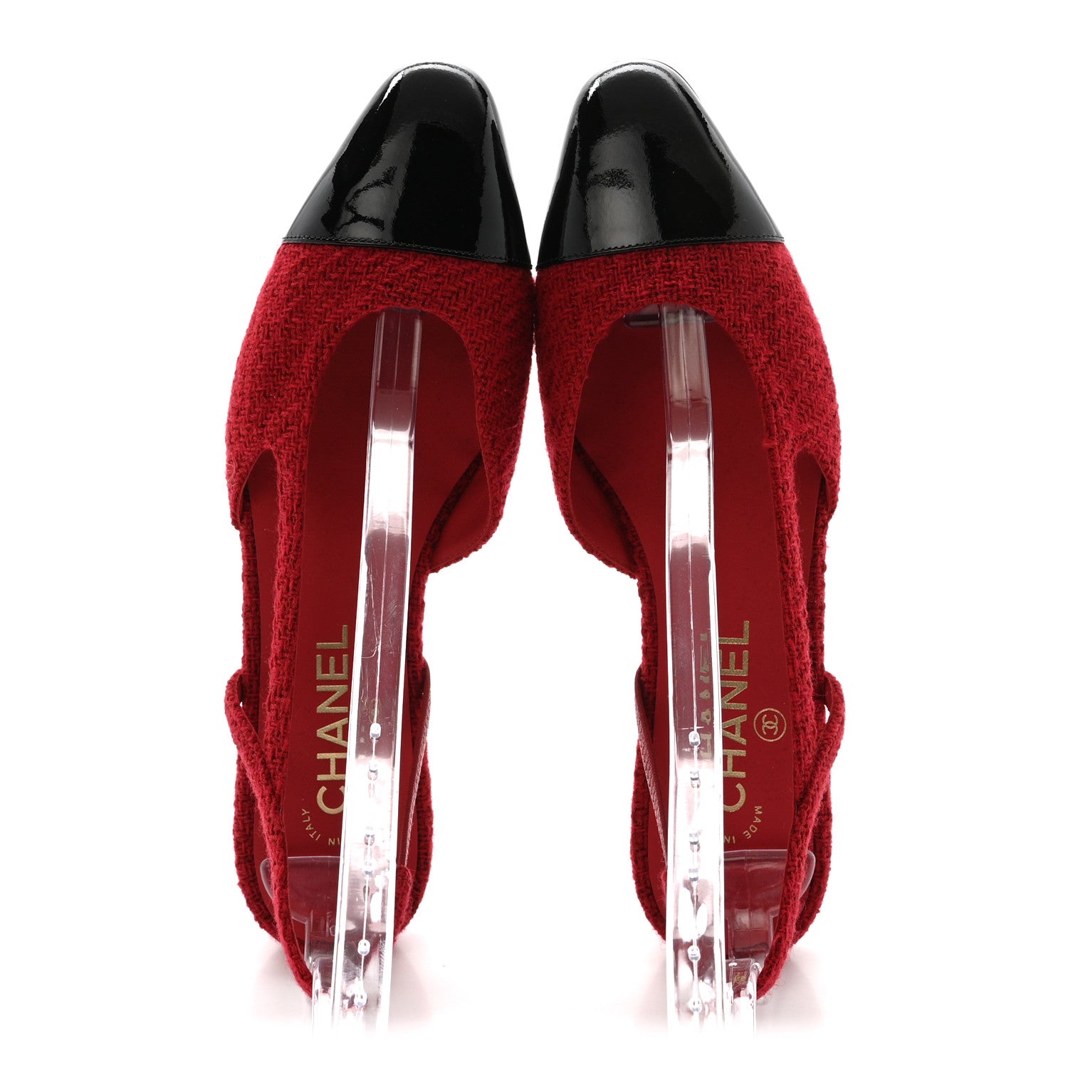 Chanel Tweed Patent Cap Toe CC Slingback Flats 39 Red Black 2 of 10