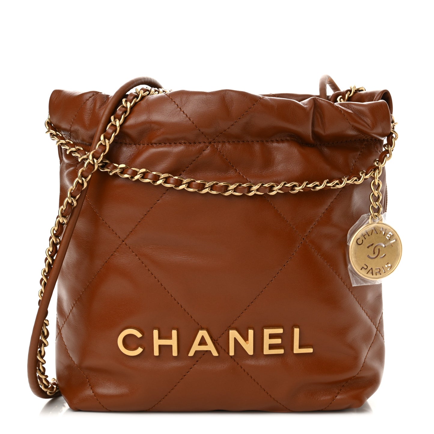 Shiny Calfskin Quilted Mini Chanel 22 Light Brown