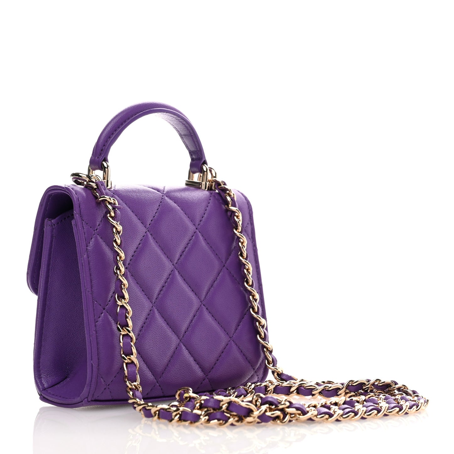 Lambskin Quilted Top Handle Flap Clutch With Chain Purple