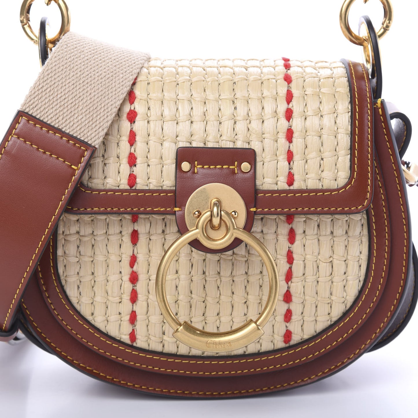 Calfskin Raffia Embroidered Small Tess Bag Sepia Brown