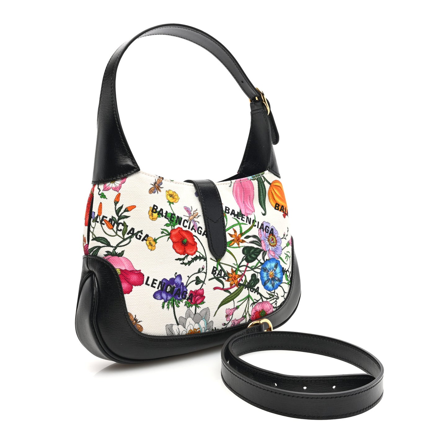 X BALENCIAGA Canvas Boarded Pluton Calfskin Flora Logo Print Small Jackie 1961 Hobo White Multicolor Black