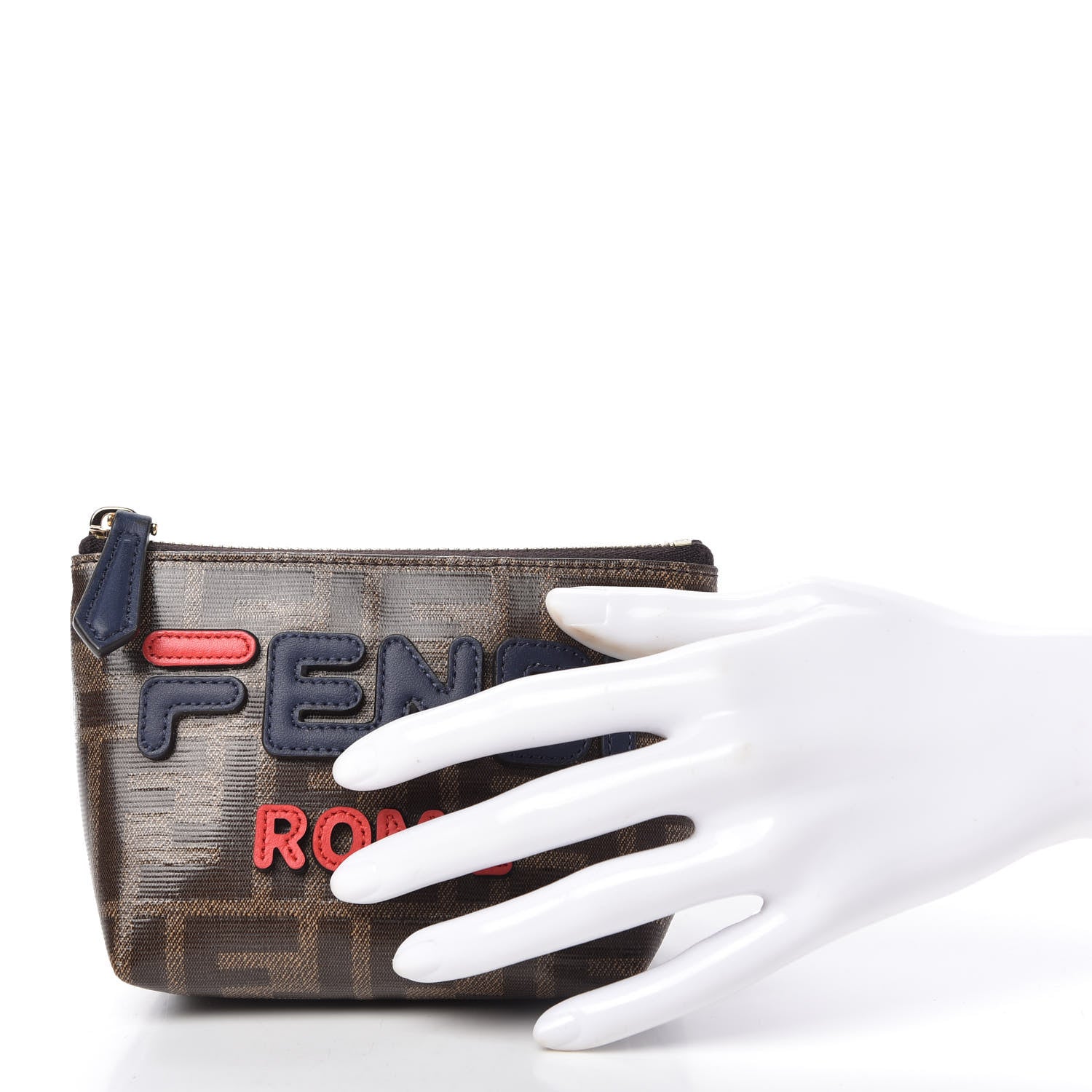 Fendi X FILA Glazed Fabric Vitello Century FF 1974 Mania Beauty Pouch Mogano Panna Blueberry 2 of 7