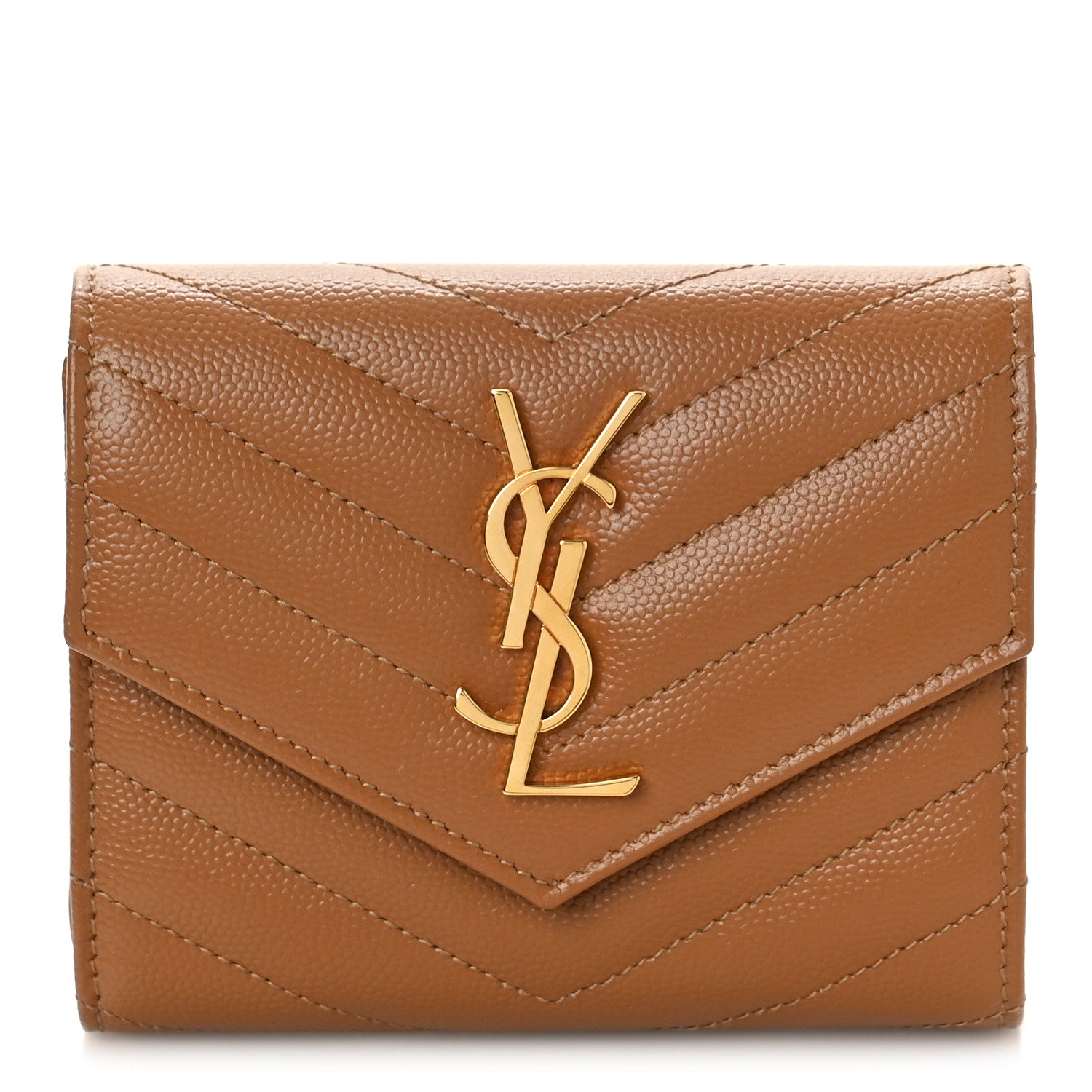 Saint Laurent Grain De Poudre Matelasse Chevron Monogram Compact Tri Fold Wallet Natural Dark 1 of 9