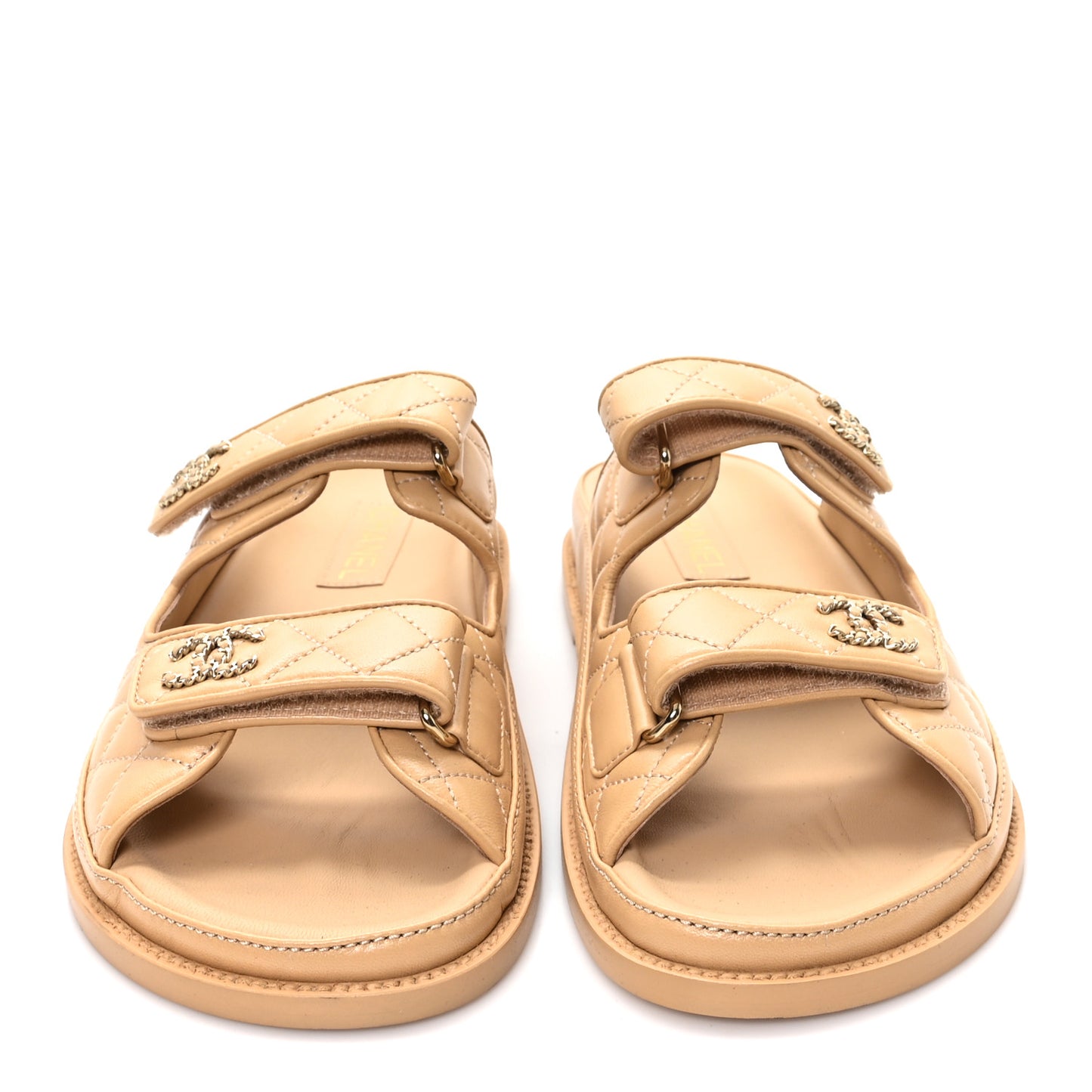 Lambskin Quilted Velcro Dad Chain CC Slide Sandals 40 Beige