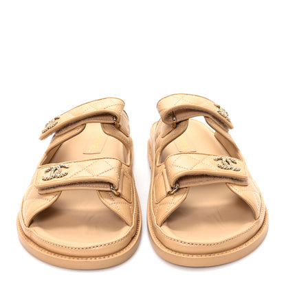 Chanel Lambskin Quilted Velcro Dad Chain CC Slide Sandals 40 Beige 3 of 9