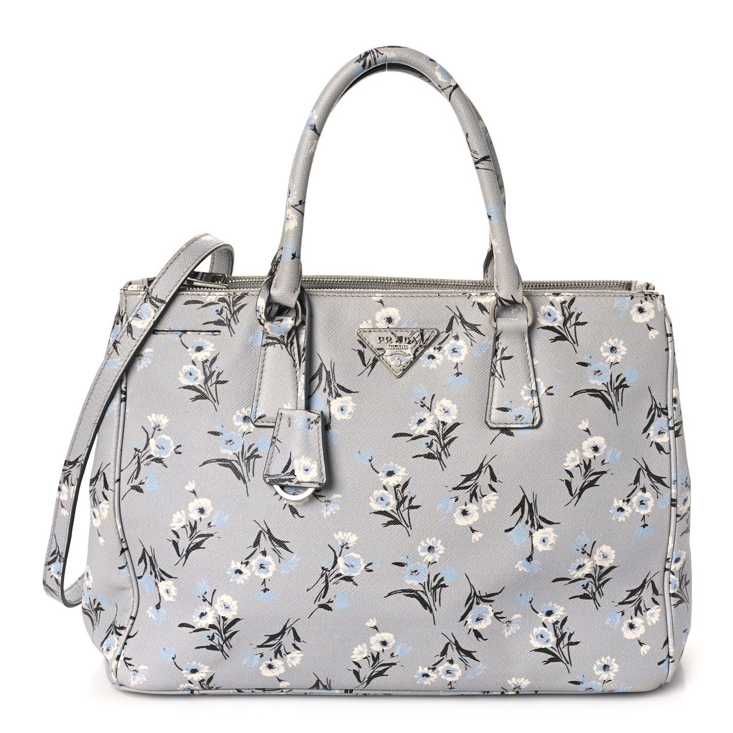 Saffiano Floral Print Medium Galleria Double Zip Tote Acciaio