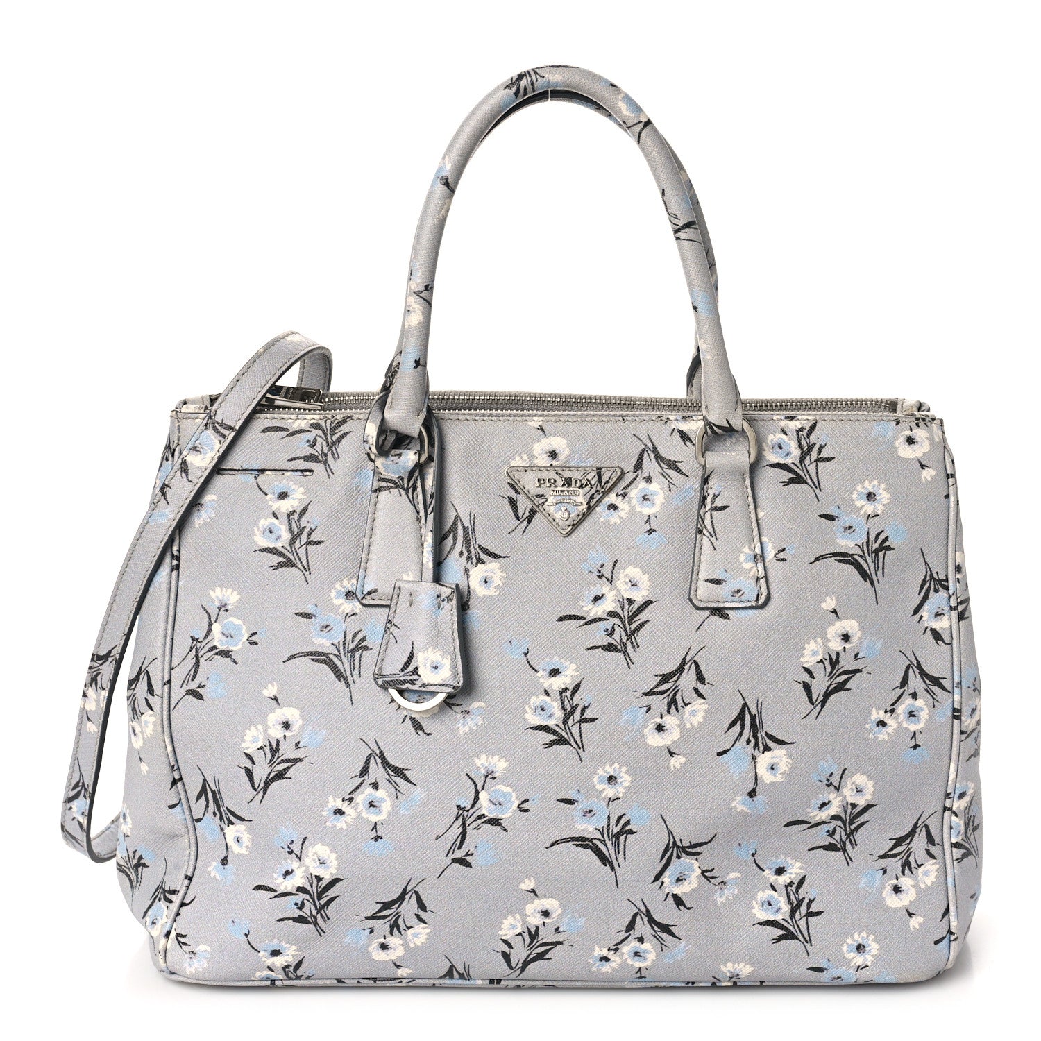 Prada Saffiano Floral Print Medium Galleria Double Zip Tote Acciaio 1 of 8