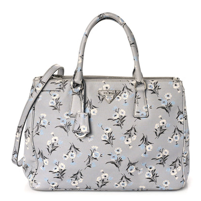 Prada Saffiano Floral Print Medium Galleria Double Zip Tote Acciaio 1 of 8