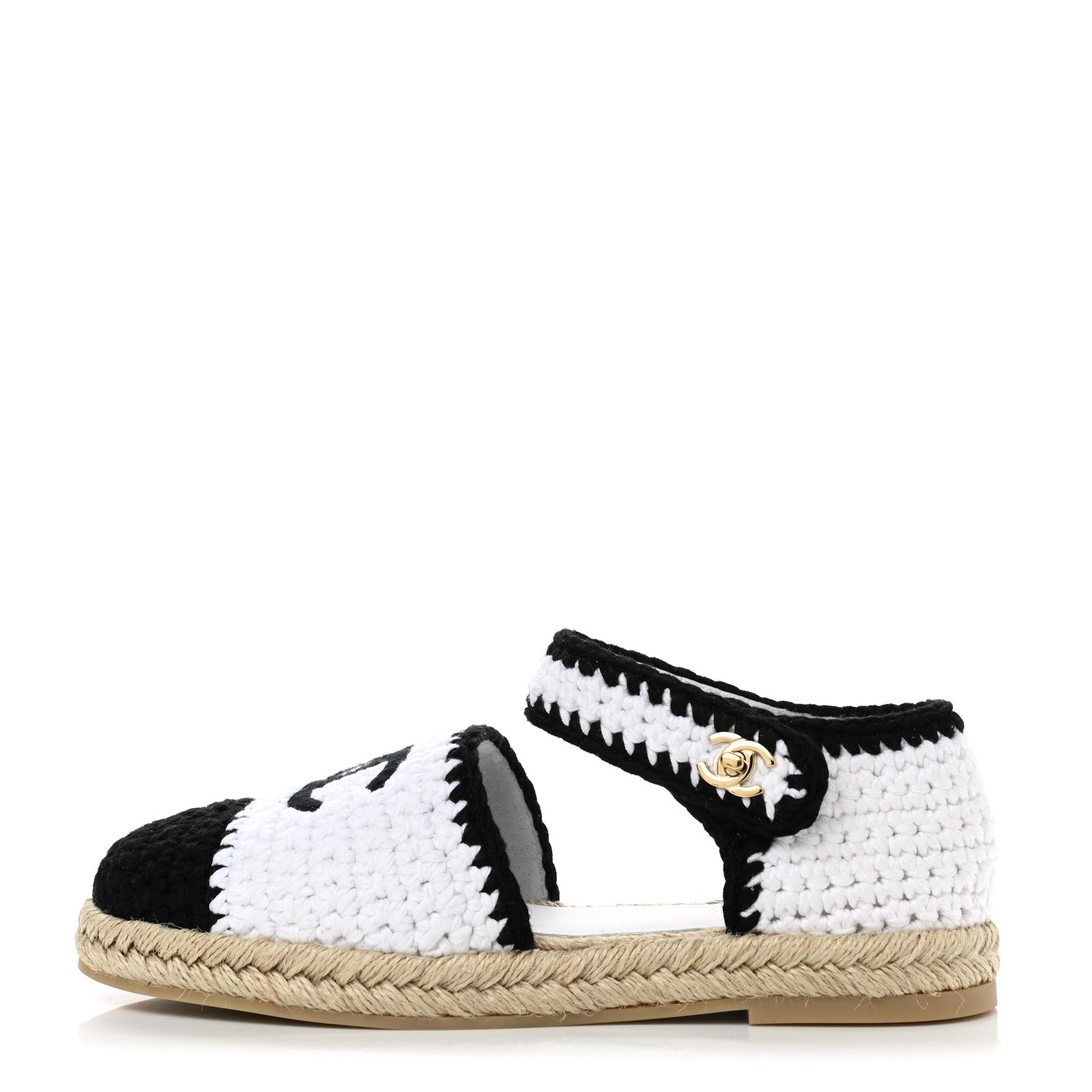 Chanel Braided Knit Cap Toe CC Ankle Strap Espadrilles 38 White Black 1 of 9