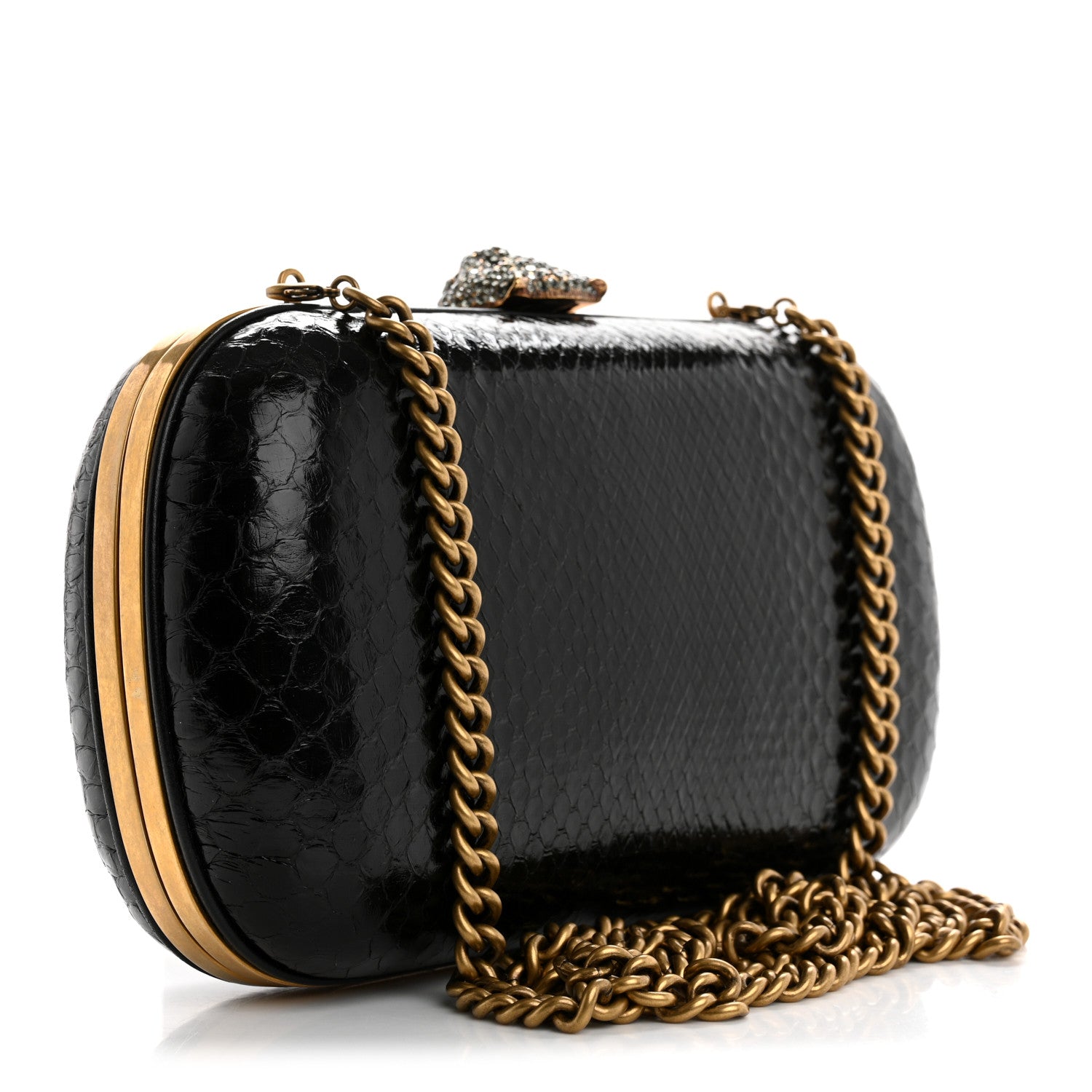 Gucci Snakeskin Crystal Tiger Broadway Clutch Black 3 of 12