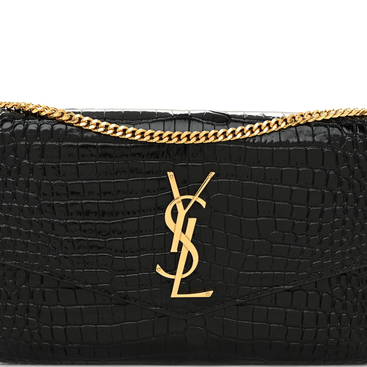 Calfskin Crocodile Embossed Monogram Uptown Chain Wallet Black