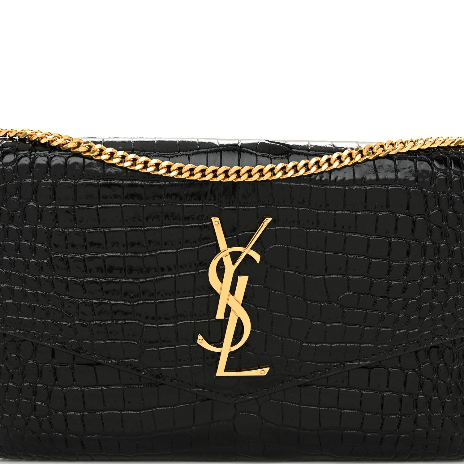 Saint Laurent Calfskin Crocodile Embossed Monogram Uptown Chain Wallet Black 9 of 12